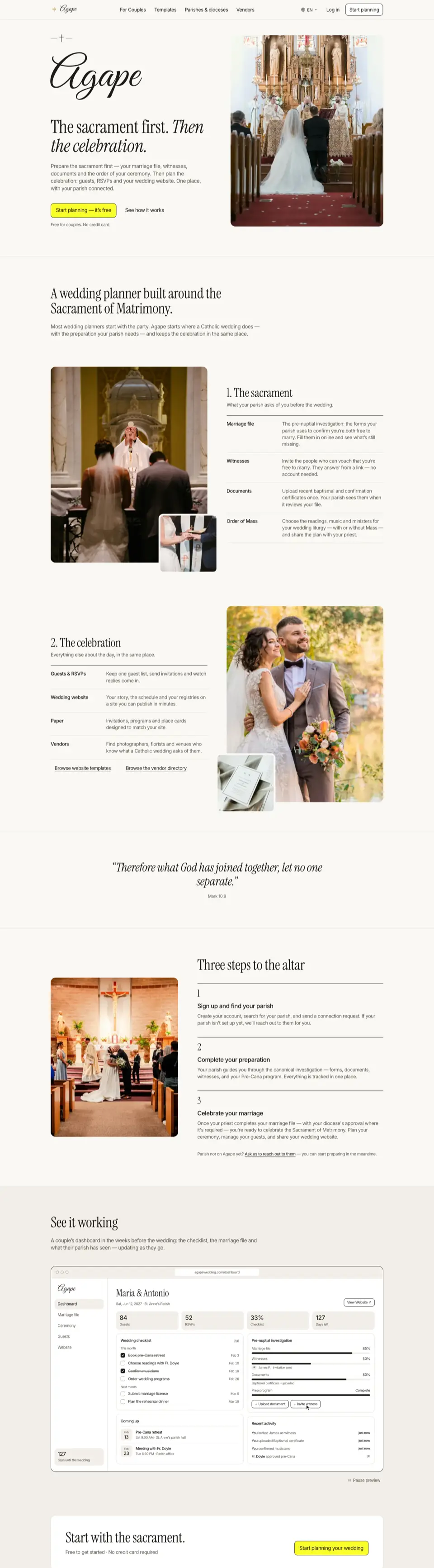 The agapewedding.com home page, from top to bottom.